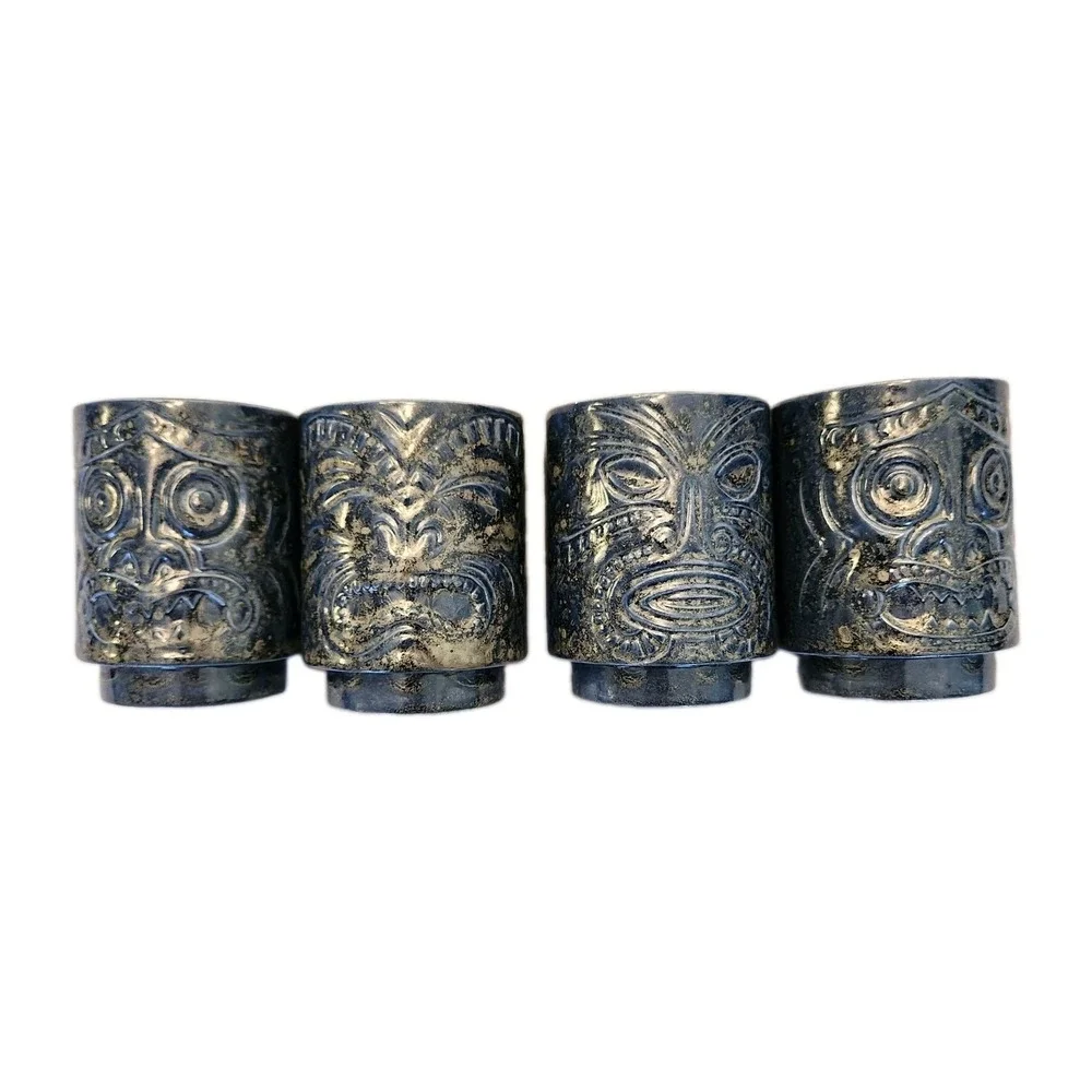 Vtg Set of 4 Tiki Mug Glass Cup Dark Blue Metallic Glaze Glossy Hawaiian Beach